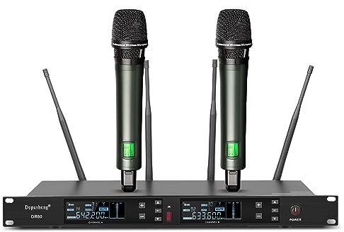 Depusheng DR80 Professionelles UHF Bühnenmikrofon Set Drahtloses Mikrofon dynamisches doppeltes tragbares Hi-Fidelity Mikrofon Fernempfang 150 Meter für Hochzeit Bar Karaoke
