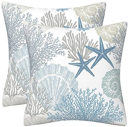 DILOXNSU Cushion Covers 50cm x 50cm Set of 2 Double-Sided Blue Ocean Coastal Beach Seashell Coral Starfish Velvet Modern Decorative Square Pillow Cover for Sofa Bed Livingroom 20x20 Inches