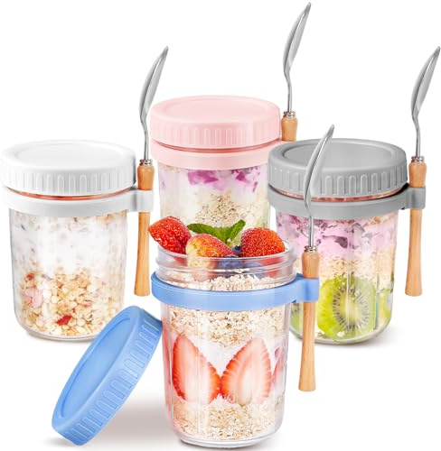 HomArtist Glass Overnight Oats Containers with Lids and Spoon, 16 oz Wide Mouth Mason Jars for Overnight Oats, Cereal, Yogurt, Salad Lunch Container with Measurement Marks - Multicolor 4 Pack
