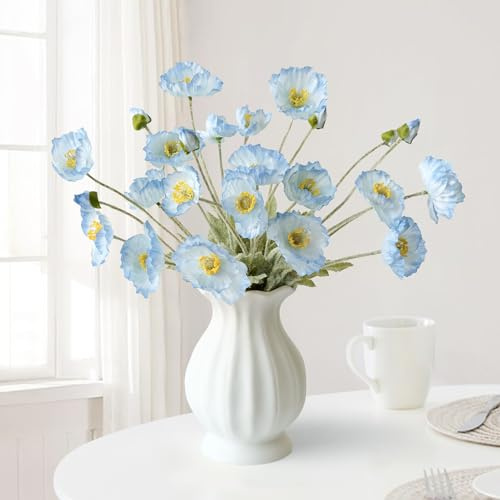 JINWOE Hellblaue künstliche Mohnblumen, 6 Stiele, lange Stiele, lebensechte Seidenblumen, Kunstpflanze für Hochzeit, Tafelaufsatz, Tisch, Babyparty, Zuhause, Friedhofsstrauß