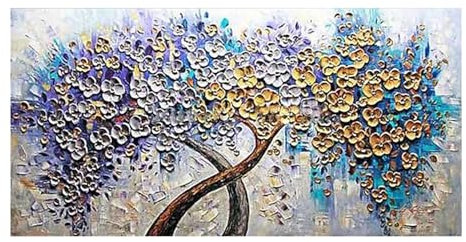 XIUWOUG Wandbilder Handgemalt Acrylbilder Auf Leinwand | Reichtum Baum, lila und gelbe Blumen | Wandbild Acrylgemälde Wohnzimmer Schlafzimmer,100x50cm(With frame)