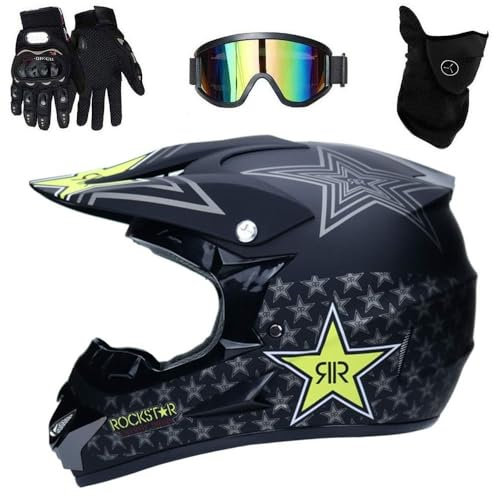 Unisex Motocross-Helm Satz, mit Schutzbrillen-Masken-Handschuhe, Jugend Kind Integral Offroad MTB ATV Motorrad Helm, Enduro BMX Quad Dirtbike Absturz Helm für Junge Mädchen ( Color : Matte Black , Siz