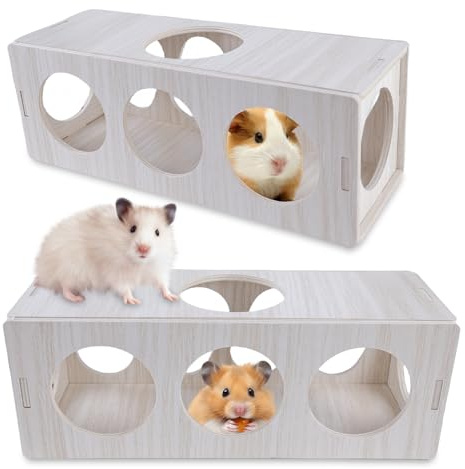 2 Stück Hamster Tunnel, Holz Hamster Versteck - DIY Spielzeug Käfig Dekor Zubehör für Meerschwein, Zwerghamster, Goldhamster und Rennmäuse (25 x 9 x 9 cm)