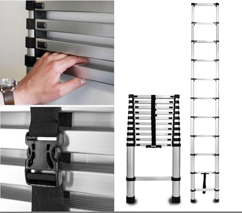 Drabest - Teleskopleiter aus Aluminium mit Befestigungshaken - Leiter Ausziehbar - Klappleiter, Aluleiter - Mehrzweckleiter - Multifunktionsleiter, Ausziehleiter - Klappbar - 11 Stufen - Höhe 3,2m