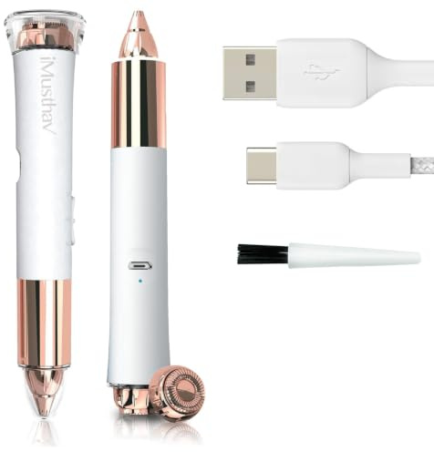 2-in-1 Portable Rechargeable Painless Eyebrow Trimmer & Facial Hair Remover, removes Eyebrow, face, Lips and Body Hair for Women. 18K Gold Plated Hypoallergenic Heads, 360° LED Light for Hair Removal