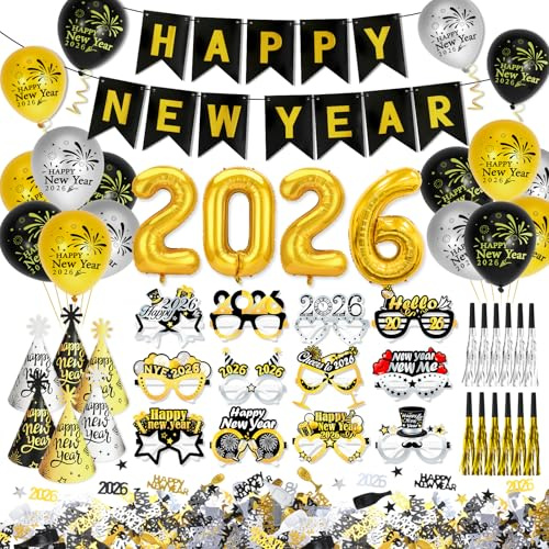 HOWAF Silvester Deko 2026 Schwarz Gold, Silvester Luftballons 2026 Ballon Neujahr Folienballon, Happy New Year Banner, Streudeko, Partyhüte, Brille, Tröten für Silvesterdekoration, Happy New Year Deko