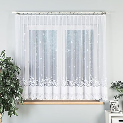 Gardinen Vorhangen Weiß 400x160 cm (BxH) Totensa Stores Gardinen Kurz Jacquard Scheibengardine Vorhänge Fertiggardine Transparent Gardinenschals Fenstergardinen Schönes Design