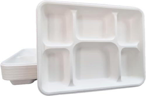 Ecokanta Lot de 25 assiettes jetables à 6 compartiments – Respectueux de l'environnement, biodégradables, robustes – Parfait pour les aliments chauds et froids, les dîners scolaires, les repas