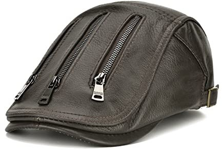 Lederkappe Herren Baret Echtes Leder Hüte for Männer Herbst Winter Reißverschluss Dekoration Einstellbare Männliche Flachkappe(Coffee)