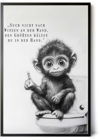 Paul Sinus Poster/Leinwandbild/Rahmenoption – Frecher Affe auf Toilette „Such nicht nach Witzen…“ – Lustige WC-Deko für dein Badezimmer