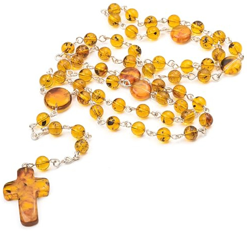 Amber by Mazukna Christlicher Rosenkranz für Damen & Herren | Natürliche Baltische Bernsteinperlen mit Sterling Silber, für Gebet und Meditation, spirituelles katholisches Geschenk
