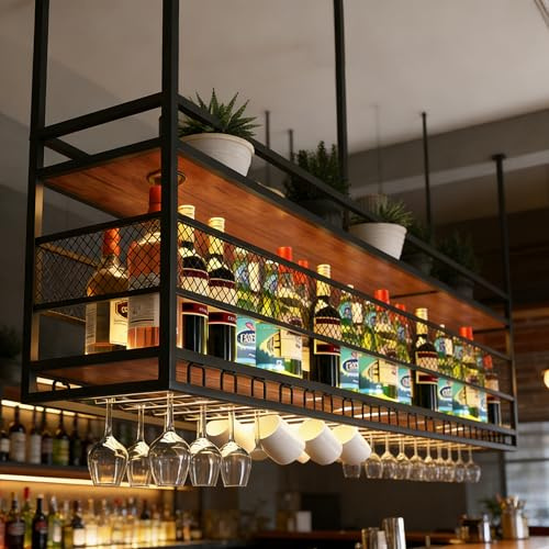 RAJYQODIS Plafond Bouteilles Suspendu,Porte-Verres à vin Suspendu en métal， Porte-Verres à vin Suspendu à 2 Niveaux, pour Bar, Restaurant, café et Cuisine (Noir, 140cm)