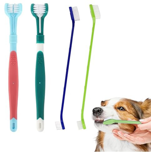 4 Stück Hundezahnbürste,Zahnbürste Hund,Hunde Zahnbürste,2 Dreifachkopf-Hundezahnbürsten Und 2 Langem Griff Hundezahnbürste,Zahnbürste Hund Für Kleine, Mittelgroße Und Große Haustiere