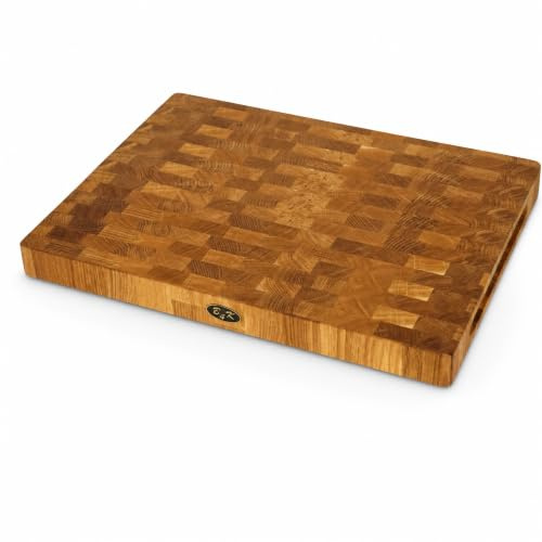 B4K® Schneidebrett aus Eiche Stirnholz 50 × 35 × 4 cm – Massiver Hackblock | Antibakterielles Hirnholzbrett mit Griffen & Silikonfüßen | Perfekt für Küche, Fleisch & BBQ