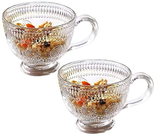 Teetassen-Set aus Glas, Vintage-Sonnenblumen-Design, 400 ml, Kaffeetasse mit Griff, großes Fassungsvermögen, Retro-Relief, Joghurtschale, 2 Stück, geprägtes Design