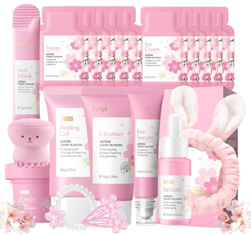 20PCS Sakura Skincare Set Teenager Mädchen Geschenke - Sakura Gesichtspflege Set - Anti Aging & Nährend Hautpflege Beauty set Mädchen Frauen - Mit Cleanser,Toner,Serum,Creme,Schlammmaske