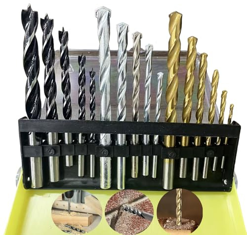 16 Stück Metallbohrer,Einschließlich 5Set Holzbohrer,6Set HSS bohrer,5Set Steinbohrer,Zur Verwendung auf Holz, Mauerwerk, Beton, Weichen Metallen, Kunststoffen und Sperrholz