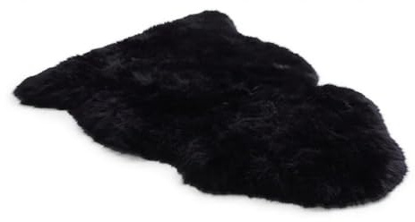 Alfombra de piel de oveja de lujo, 100% lana real natural, suave, sedosa y esponjosa. Manta para dormitorio, sofá o suelo muy cálida, transpirable y decorativa (90 x 60 cm) (Negro)