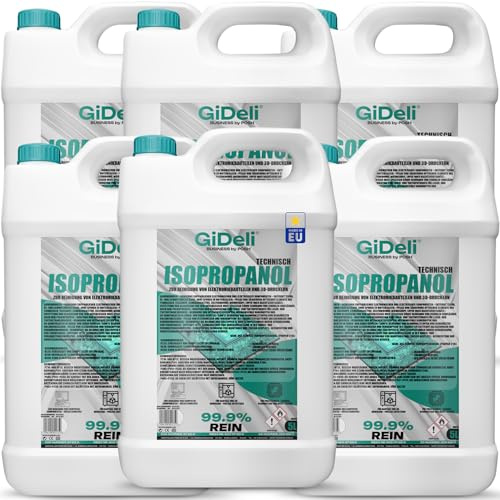 GiDeli Isopropanol Teknisk 6 x 5 l – isopropylalkohol 99,9 % – rengöring av elektroniska komponenter och 3D-skrivartillbehör