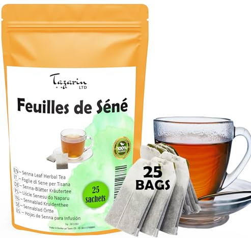 Tisane de Feuilles de Séné, 25 Sachets de Tisane, Thé de Séné - Puissant Purgatif, Laxatif Naturel - Favorise le Transit Intestinal et le Nettoyage du Colon - Tisane Detox - Tazarin Ltd