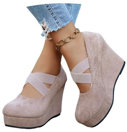 2026 Stivali Da Transizione Primaverili Da Donna Stivaletti Con Plateau E Tacco A Zeppa Stivaletti Vintage In Pelle Scamosciata Con Elastico, Scarpe Da Caviglia Di Grandi Dimensioni(Beige,36 EU)