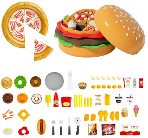 Cibo giocattolo – Cibo giocattolo da cucina | Set Hamburger Sensoriale Grande Realizzato in ABS - 62 Pezzi Giochi di Ruolo per Bambini Casa Scuola Asilo Sala Giochi Attività di Compleanno