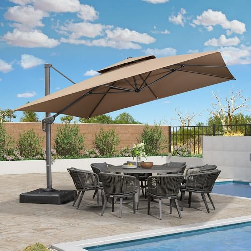 PURPLE LEAF Sombrilla de Jardín Exterior 3,65 x 3,65 m Cuadrada, Sombrilla Jardin Grande, Estructura de Aluminio, 6 Posiciones de Altura y Rotación 360°, Techo Doble con Protección UV 50+, Taupe