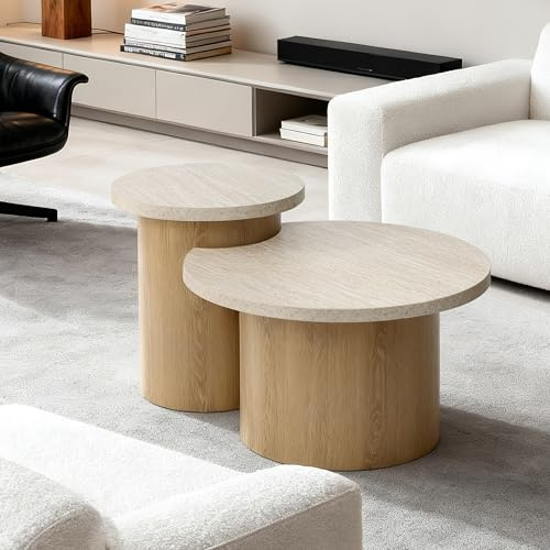 Hometopia Couchtisch Rund 2er Set aus Holz, Moderner Wohnzimmertisch & Beistelltisch mit Steinoptik Tischplatte und römischer Säulenbasis für Wohnzimmer, Balkon oder Schlafzimmer