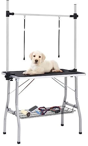 QUAHEAS Tavolo da toelettatura regolabile per cani e gatti, con 2 passanti, pieghevole, con cestino, superficie antiscivolo, gambe in acciaio, asta regolabile in acciaio inox