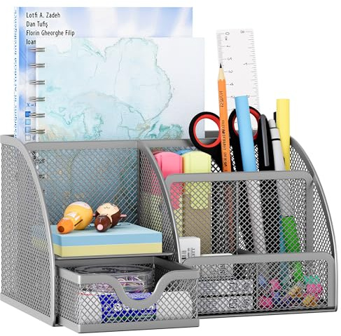 EasyPAG Desk Tidy Stationery Organiser Pen Holder with Drawer,Silver | Metal Mesh,Home and Office,Desktop,Sticky Note Storage