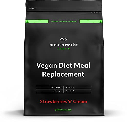 Protein Works Vegan Diät Mahlzeitenersatz | Erdbeer-Sahne | 100% pflanzlich | Erschwinglich, gesund und schnell | Mahlzeitersatz-Shake | 1kg