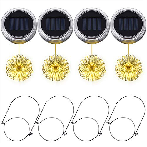 Solar-Einmachglas-Lichter, PChero 4pcs Einmachglas-Deckel 20 LED-Schnur-feenhafte Licht-Dekoration für Garten, Patio, Weihnachten, Halloween [warmes Weiß]