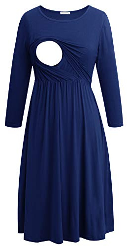 Smallshow Nursing Dresses 3/4 Sleeve Maternity Breastfeeding Dress for Women Navy M