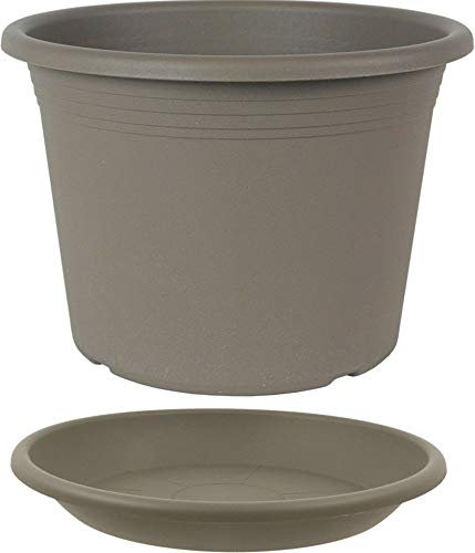MePla - Blumentopf Pflanzkübel Cylindro ø60 cm + Untersetzer ø58 cm, Taupe, wetterfest aus UV-beständigem Kunststoff