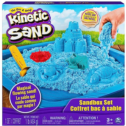 Kinetic Sand, Sandbox Set Kids Toy with 1lb All-Natural Blue and 3 Molds, Sensory Toys for Kids Ages 3 and Up