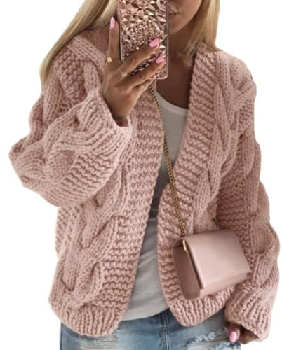 Onsoyours Gilet Cardigan Femmes Veste en Tricot Chaud Hiver Pull Tricoté Casual Pull Outwear Blouson Chandail Sweater Top Manteau Rose M