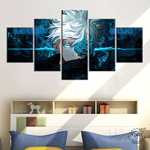 Wondbeau Leinwanddrucke Modulare Wandkunst Wandaufkleber 5 Teiliges Wandbild Druck auf Leinwand Malerei Moderne Abstrakte Poster Mit Rahmen M/100cm×50cm Animationsjunge Gojo Satoru,Jujutsu Kaisen