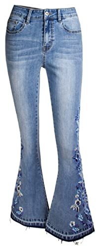 Générique JIER Jeans Patte Eléphant Femme Pantalon Bootcut Broderie Denim Pant Evasé Fleur Grande Taille Fermeture Eclair Bouton Elégant Vintage Pantalon (Bleu,L,L)