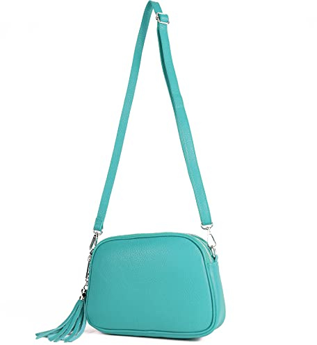 modamoda de - T238 - ital. Damen Umhängetasche Leder Medium, Farbe:Türkisblau