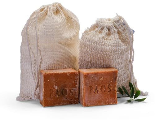 PAOS 2 x Schwefelseife Set, Sisal Seifensäckchen + Reisebeutel, Naturseife, Haarseife, ca.300g, Naturprodukt, Keine chemischen Zusätze, Schwefel empfohlen bei Akne und Neurodermitis