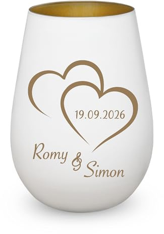 Windlicht zur Hochzeit mit Gravur Hochzeitsgeschenk Brautpaar personalisiert Wunschnamen Geschenk für Paare Frauen Männer zum Valentinstag Jahrestag Verlobung Herzen mit Schmetterlingen Herzen Gold