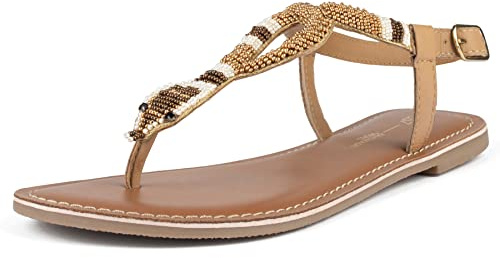 L37 HANDMADE SHOES Damen | Sommer | Flip Flops | Flach | Bohemian | Zehentrenner mit Strass | Desert Flower Flat Sandal, Brown, 38 EU