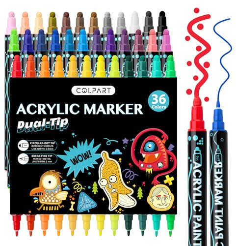 Acrylstifte für Steine Wasserfest 36Acrylfarben Stifte Bemalen Dual Tip Acrylic Paints Permanent Multimarker Steine Zum Acrylmarker für Holz, Leinwand, Glas, Papier, Keramik