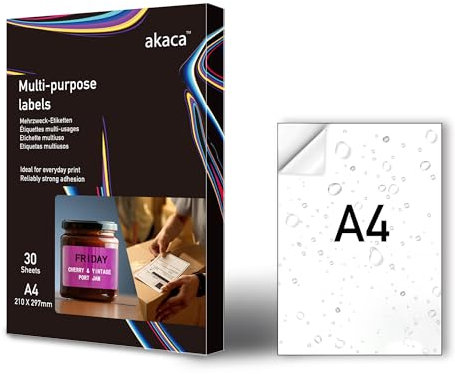 akaca Vinilo Papel Adhesiva Imprimible A4, 30 hojas, Blanco Mate, Etiqueta Imprimible, Impermeable, Resistente al Desgarro, para Impresoras Láser & de Inyección de Tinta, 210 x 297 mm