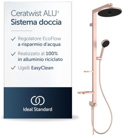 Ideal Standard Ceratwist Alu+ Duschsystem, hergestellt aus 100% recyceltem Aluminium, Wassersparende Brause mit variablen Strahlarten – Rosé (338x501x1104 mm)