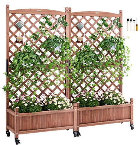 VEVOR 2PCS Raised Garden Bed with Trellis, 60x13x61.4 Outdoor Raised Wood Planters with Drainage Holes, Free-Standing Trellis Planter Box for Vine Climbing Plants Flowers in Garden, Patio, Balcony