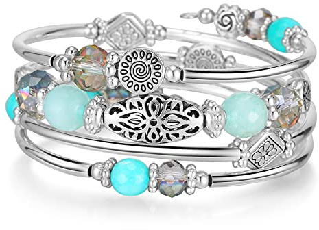 FULU AUTUMN Damen Boho Armband mit Mehrschichtiges Perlen Silber Wickelarmband Modeschmuck Geschenke zum Geburtstag und Muttertag für Frauen
