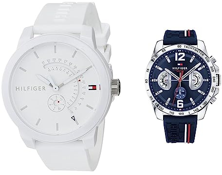 Tommy Hilfiger Reloj Analógico de Cuarzo multifunción para Hombre con Correa en Silicona, Azul (Navy) & Reloj Analógico de Cuarzo para Hombre con Correa en Silicona Blanco - 1791481