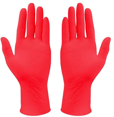 MONOUSALO 100 rote Nitril-Einweghandschuhe puderfrei, Latex und Talkum (Größe S/M) - farbige chirurgische Einweghandschuhe strapazierfähig und wasserdicht für Küche, Lebensmittel, Tattoo, Chef (L)
