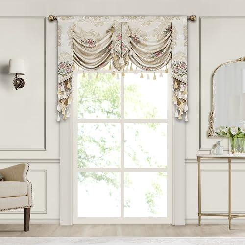 TOPLUXE Swag Volant Vorhang für Schlafzimmer Esszimmer Wohnzimmer Küche, Jacquard Kurzstore Waterfall Volant-Vorhang für Fenster 1 Stück (Breite 150cm, Florales Muster)